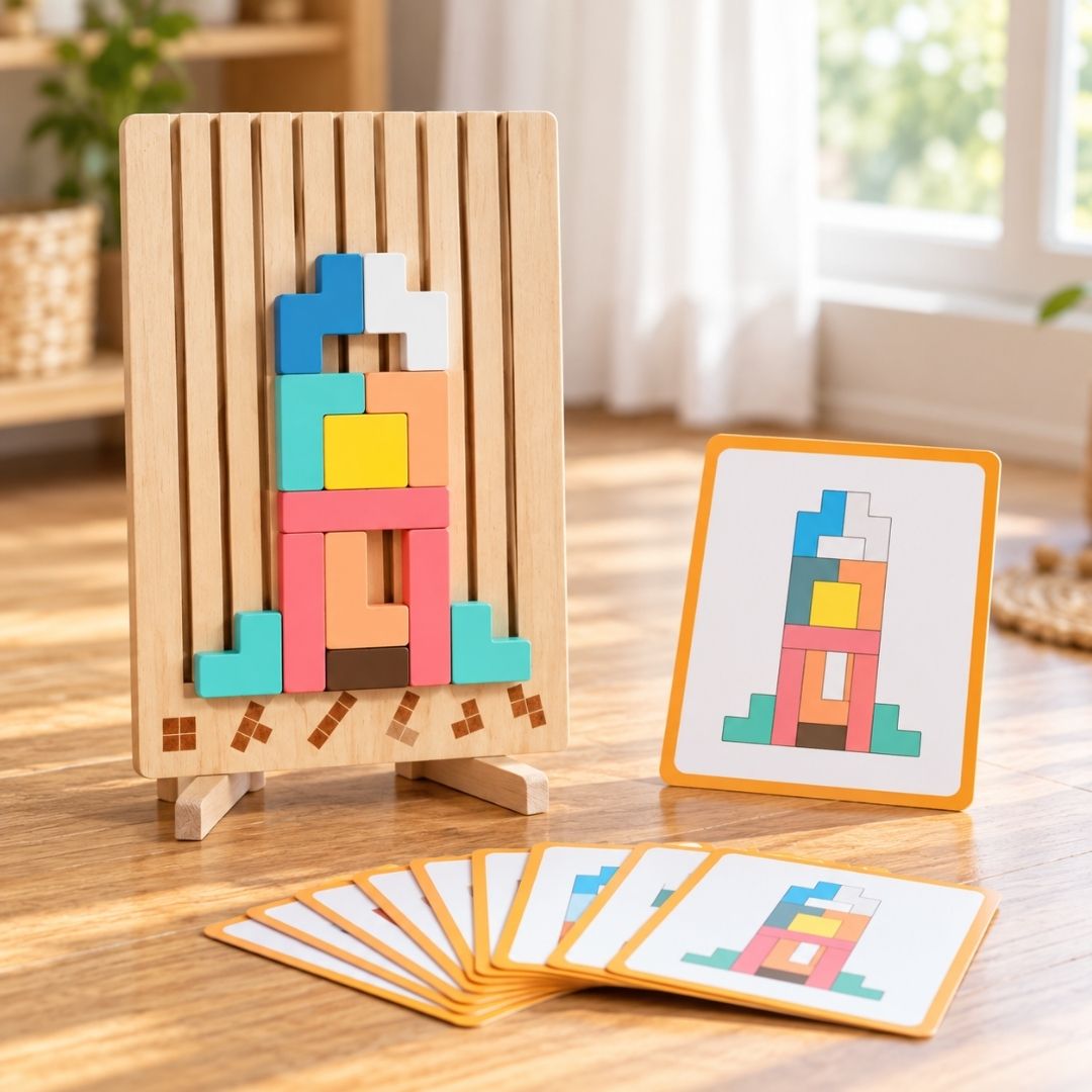 絵カードの見本どおりにロケットの形を組んだまなびの森パズルと、絵カード
