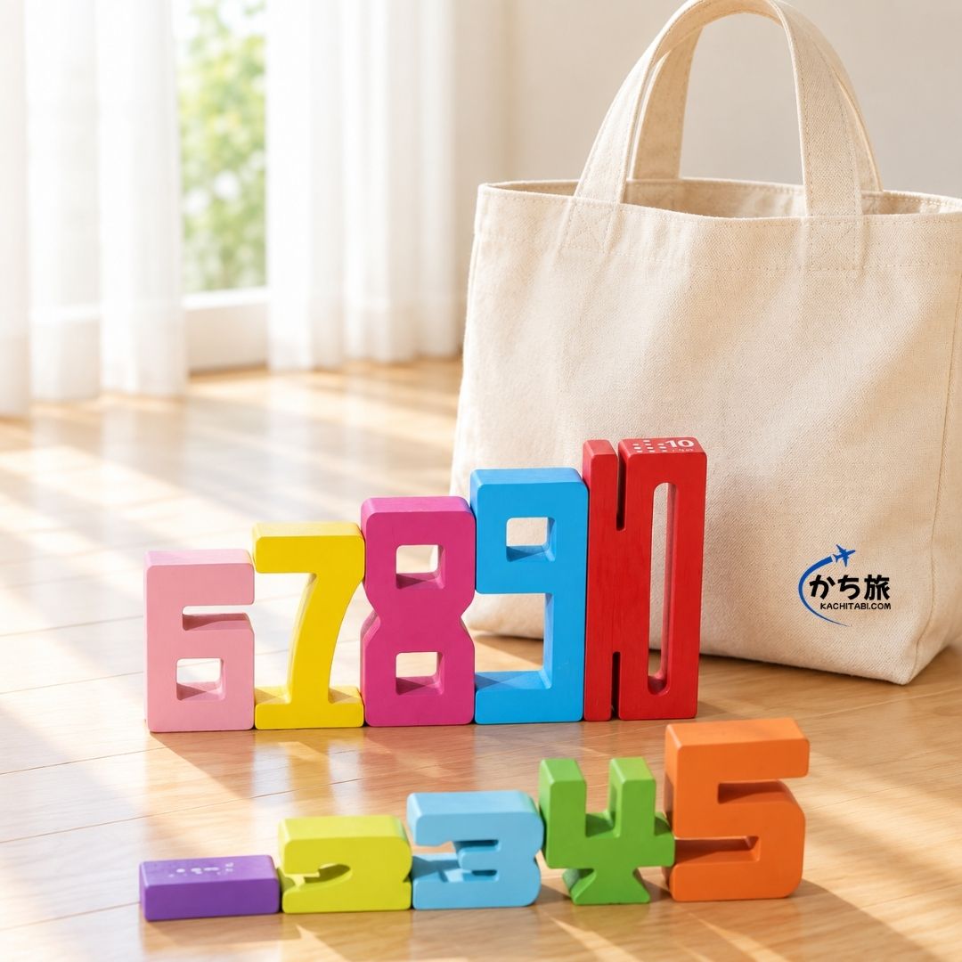 1から10までの木製の数字ブロックと、お片付けトートバッグ