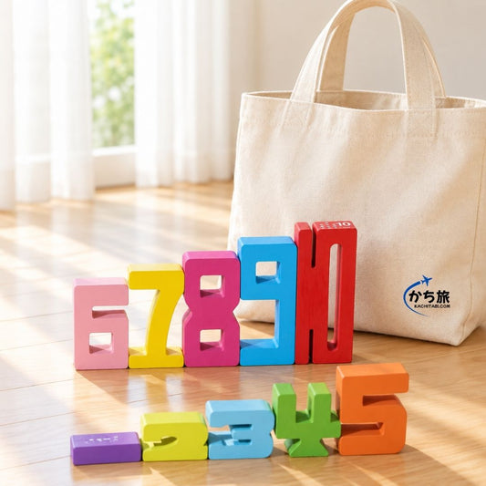 1から10までの木製の数字ブロックと、お片付けトートバッグ