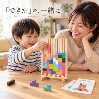 リビングのテーブルで、まなびの森パズルにピースを置く男の子と、見守る母親。「できた」を、一緒に。