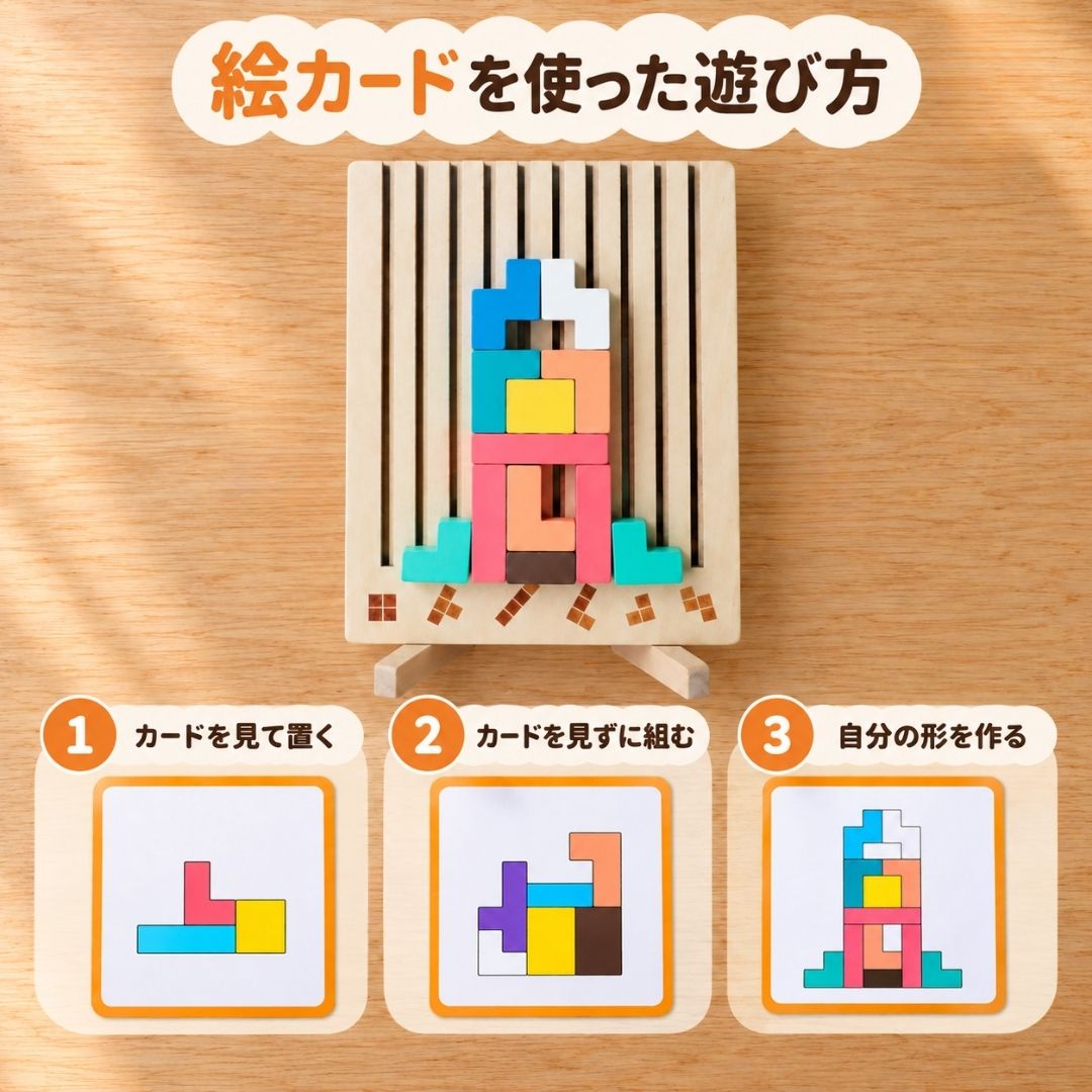 絵カードを使った遊び方の3段階。カードを見て置く、カードを見ずに組む、自分の形を作る