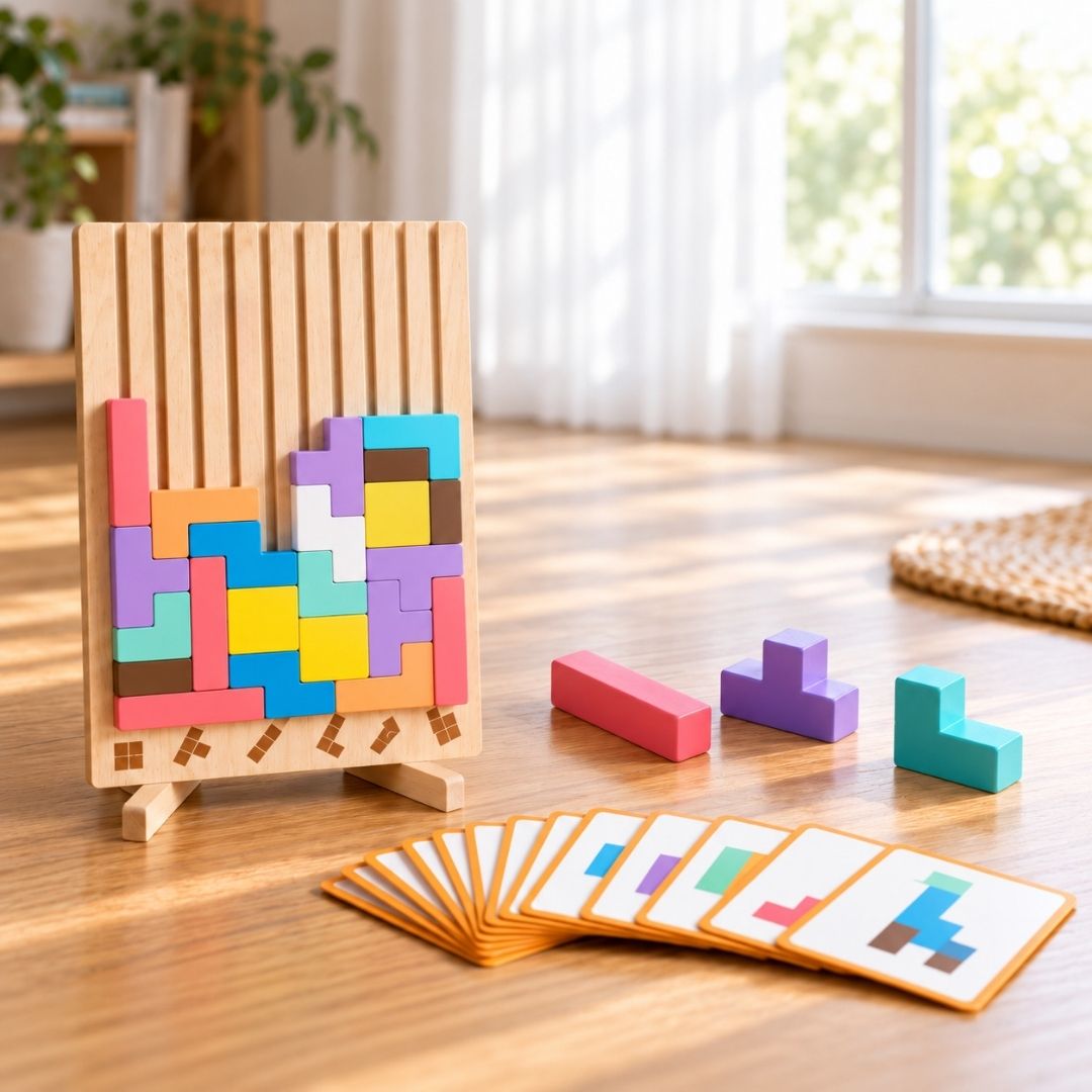 木製ボードに積み上げたピースと絵カード。天才脳を育てる まなびの森パズル