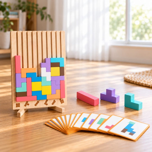 木製ボードに積み上げたピースと絵カード。天才脳を育てる まなびの森パズル