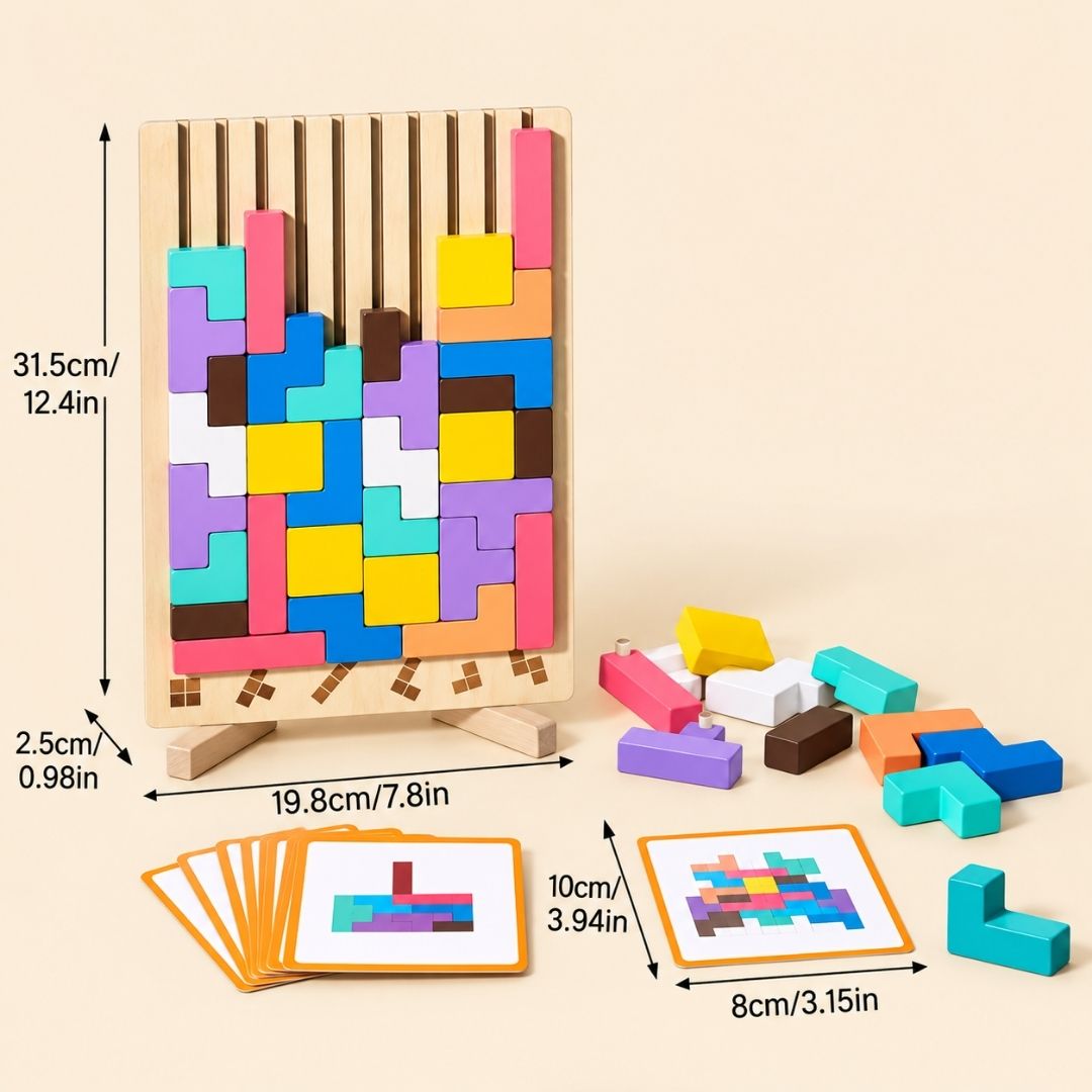 まなびの森パズルの寸法。ボードは高さ約31.5cm、幅約19.8cm、奥行き約2.5cm。絵カードは約10cm×8cm