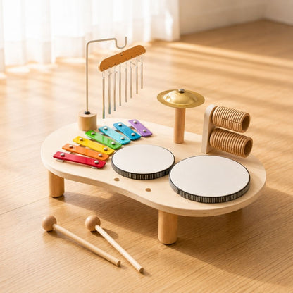 木製の台に鉄琴、チャイム、シンバル、ギロ2つ、ドラム2つを載せた音の森リトミックドラムと、バチ2本